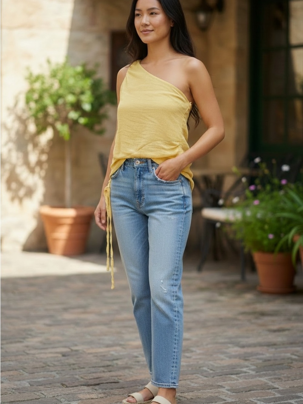 Theory Asymmetrical Light Yellow Tie-Side tank top